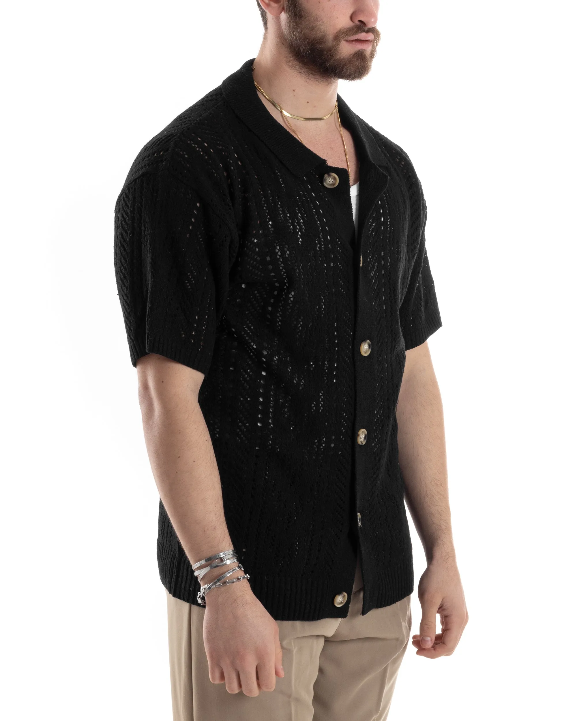 T-shirt Uomo Maglia Polo Traforata Ricamata Cardigan Manica Corta Con Bottoni Nero Casual GIOSAL-TS2996A