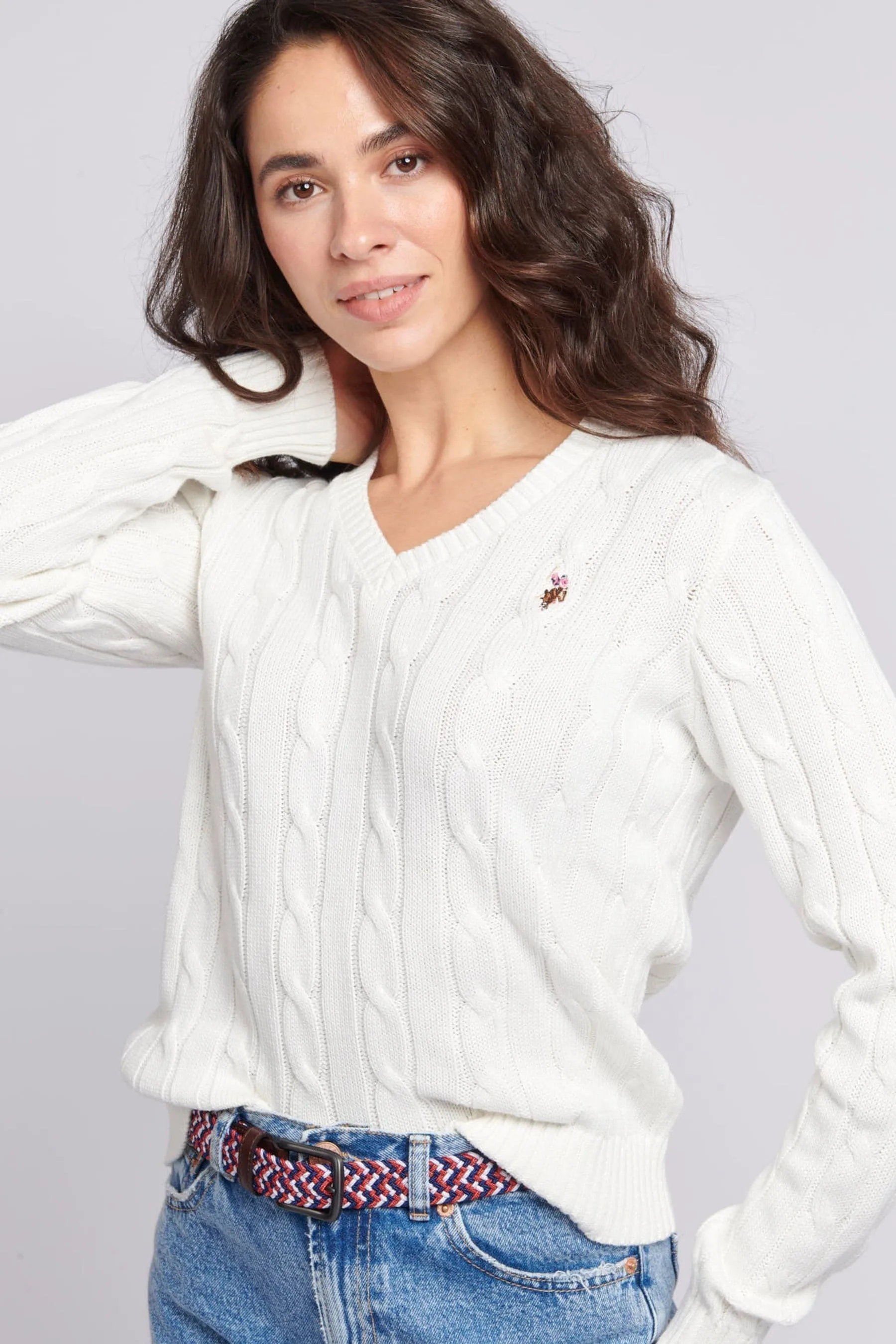 U.S. Polo Assn. Donna - Bianco in maglia a trecce con scollo a V - Maglia