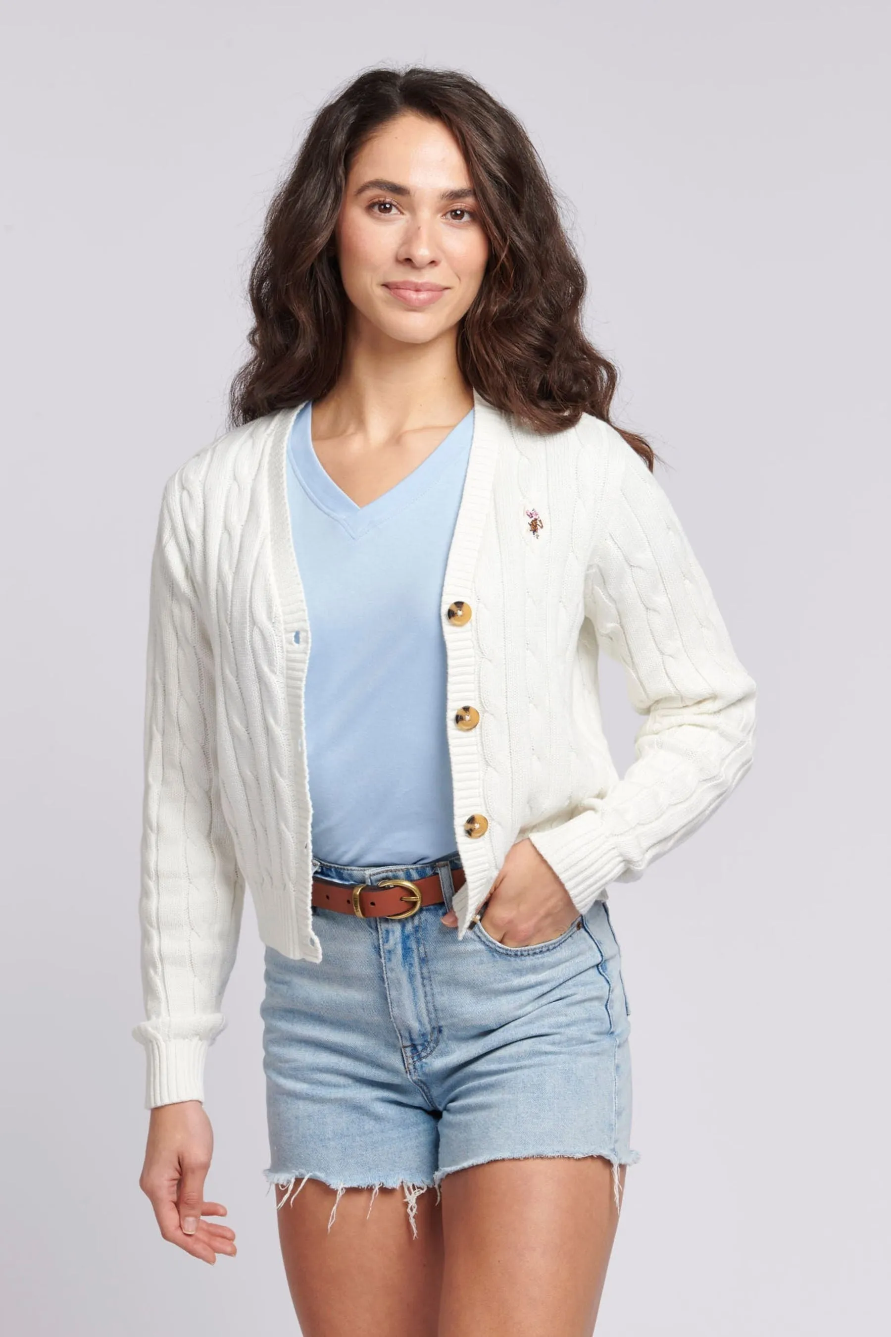 U.S. Polo Assn. Donna - Corto Bianco in maglia a trecce - Cardigan