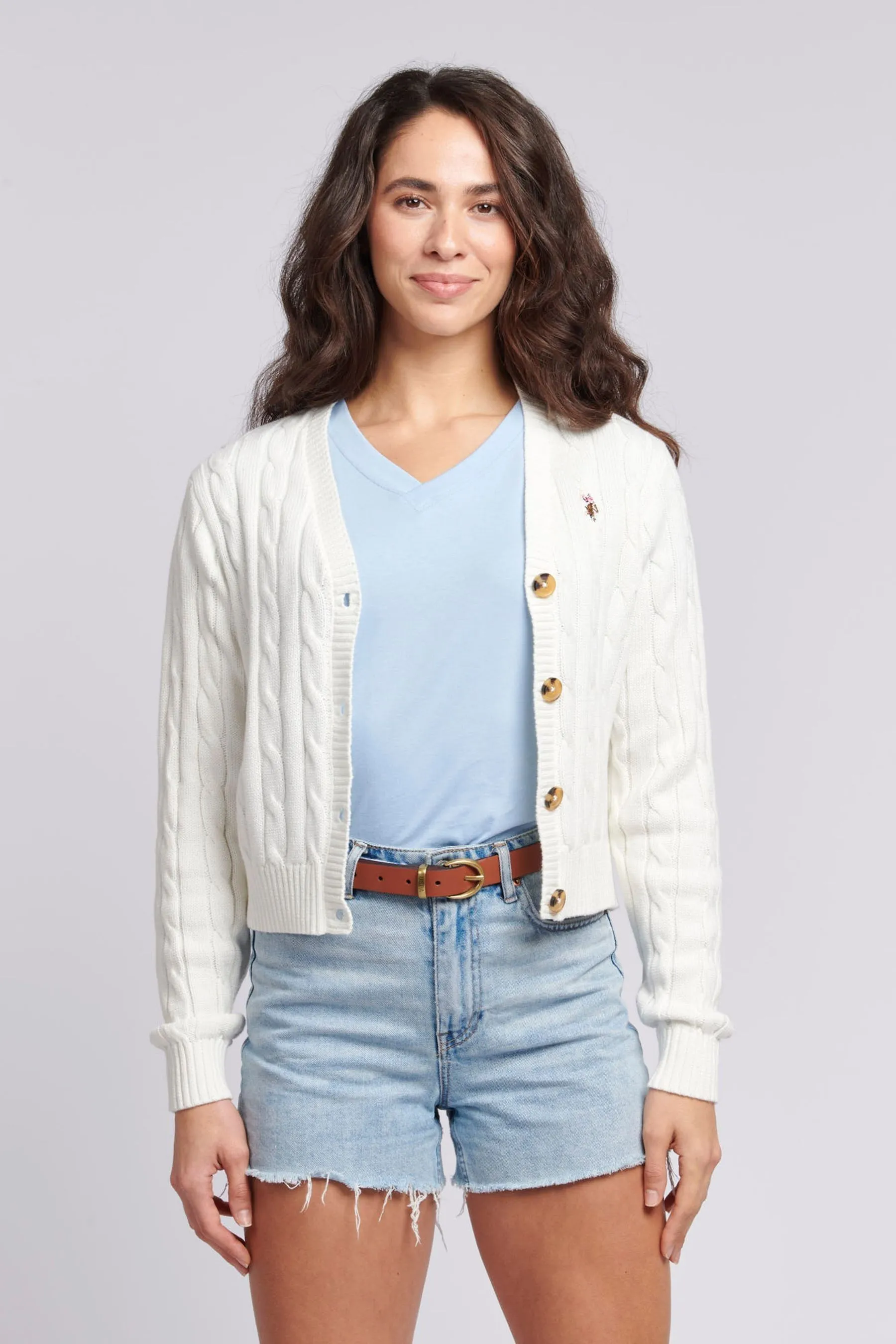 U.S. Polo Assn. Donna - Corto Bianco in maglia a trecce - Cardigan