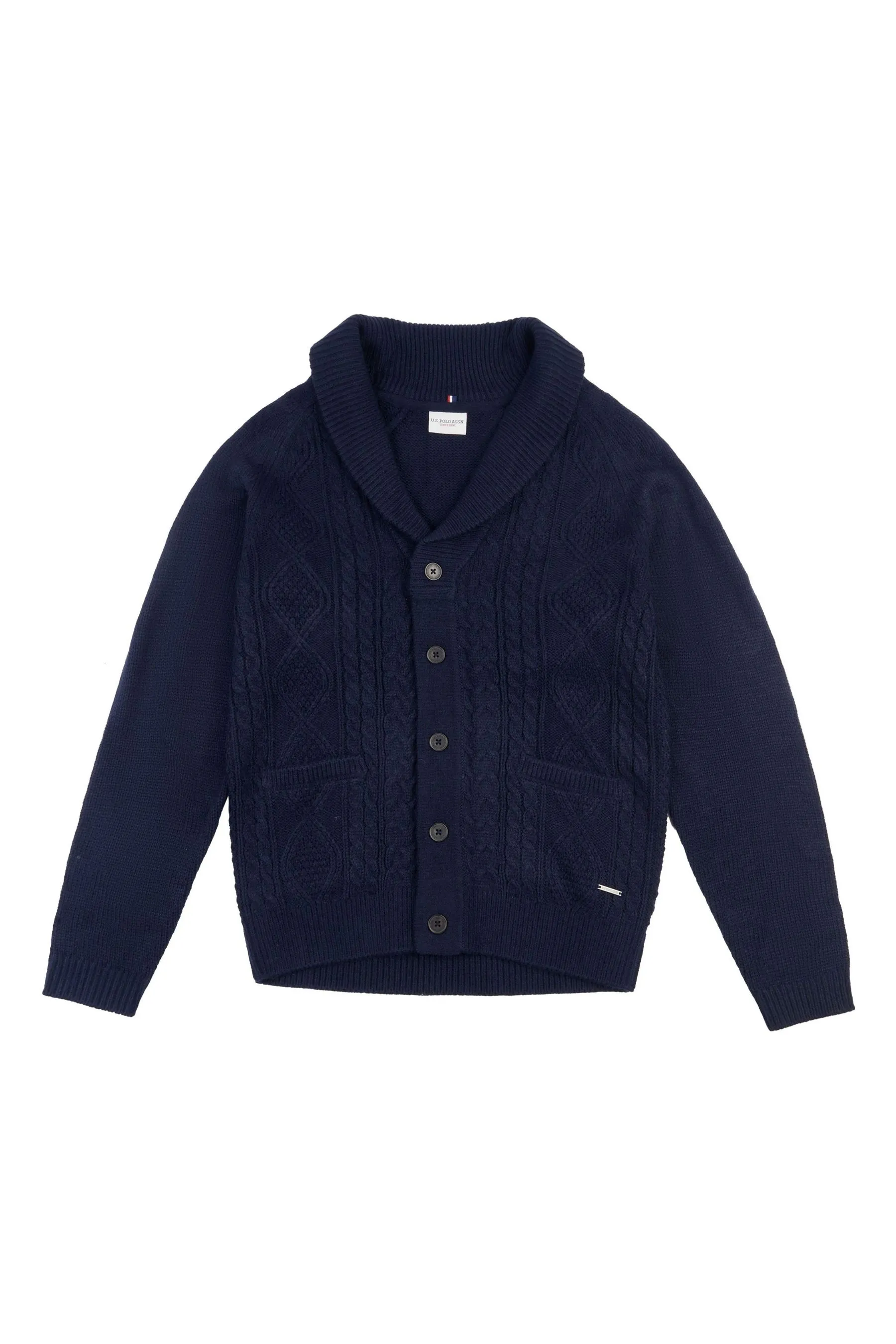 U.S. Polo Assn. Uomo Blu - Aran - Cardigan pesante sciallato lavorato a maglia