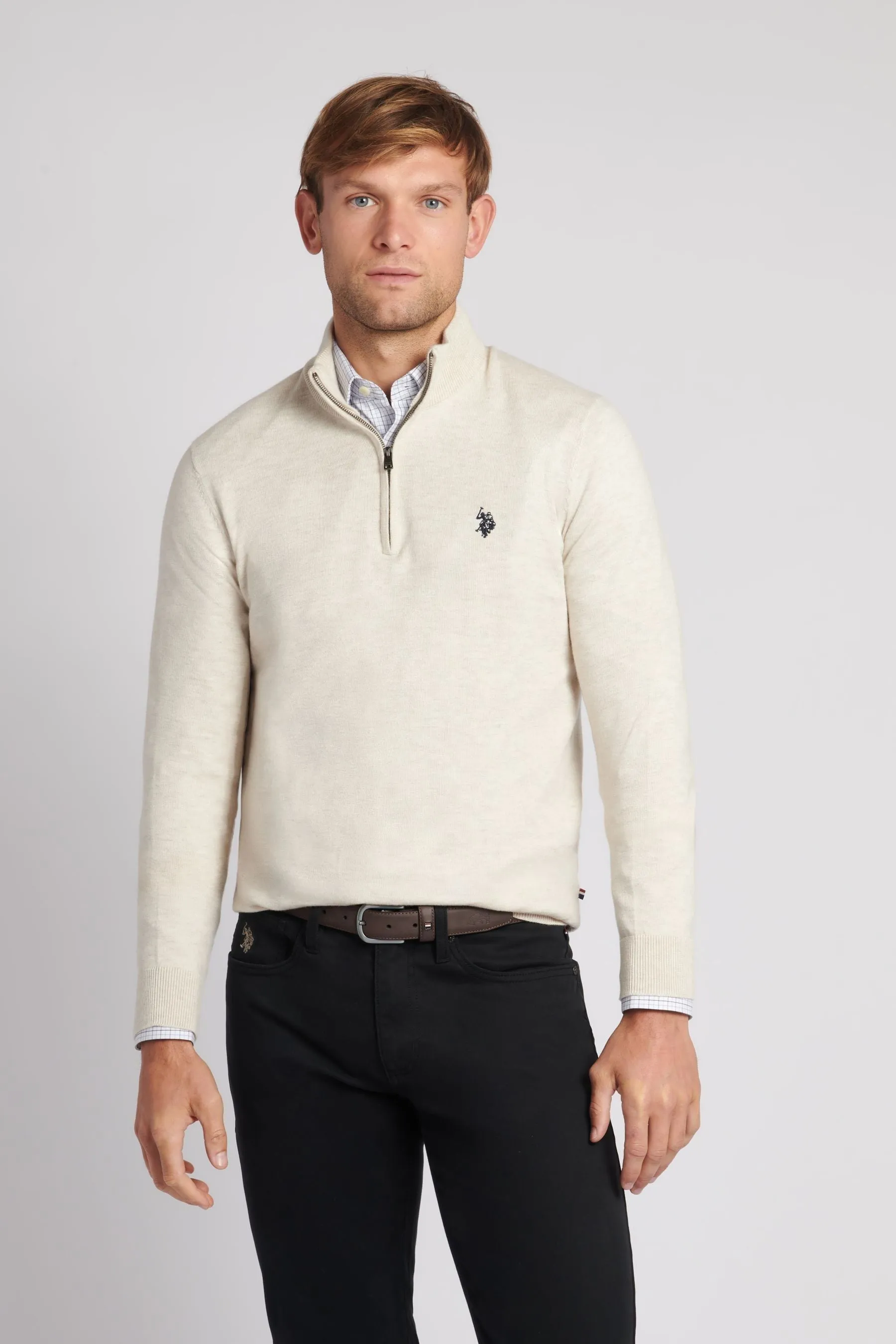 U.S. Polo Assn. Uomo Grigio Collo a imbuto maglia lavorata con zip corta